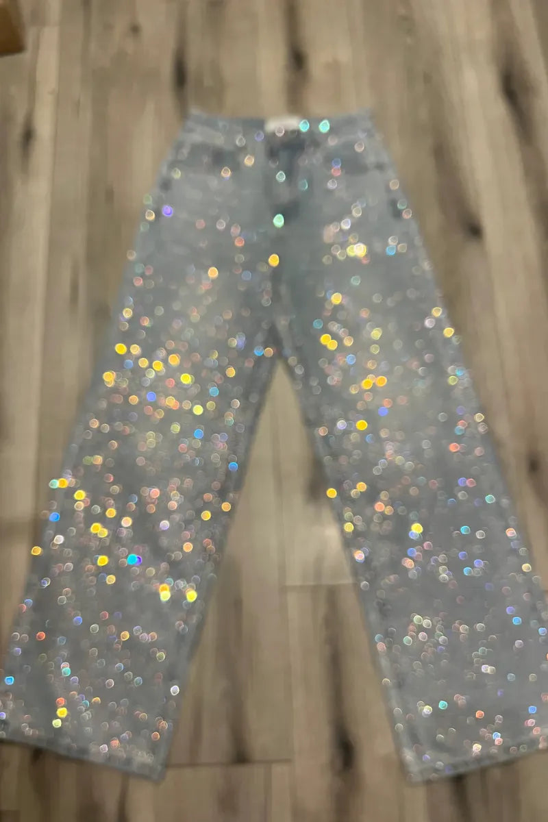 Rhinestone Embellished High Waist Wide Leg Straight Denim Jeans