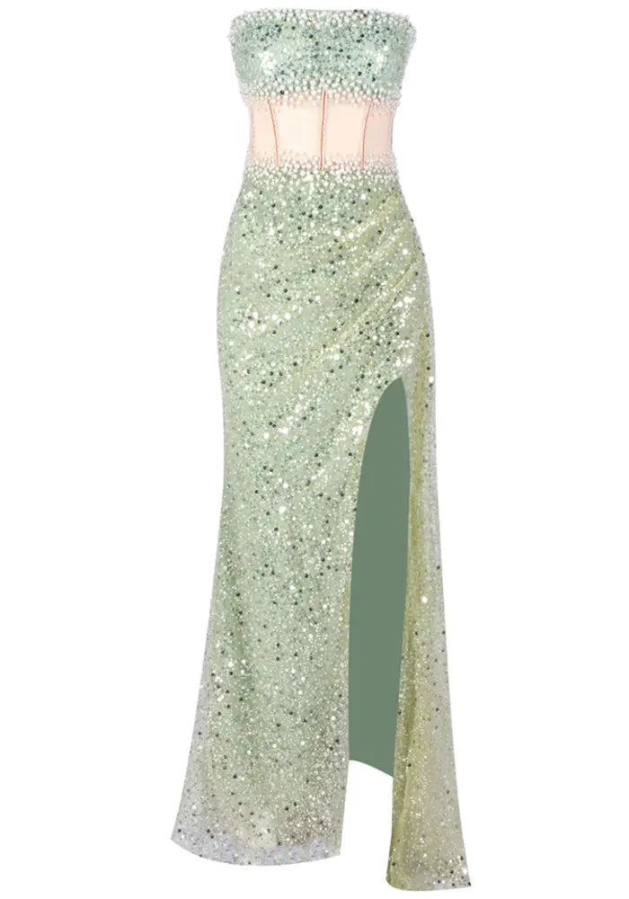 Strapless Pearl Sequin Maxi Dress Green