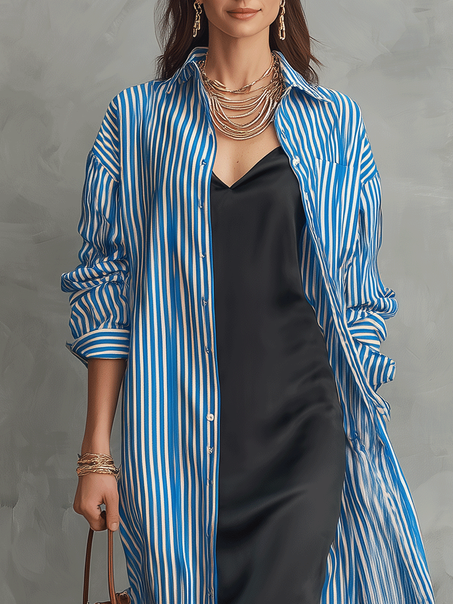 Quiet Luxury Silky Stripe-Shirt & Bias Slip Blue & Black Layered Set