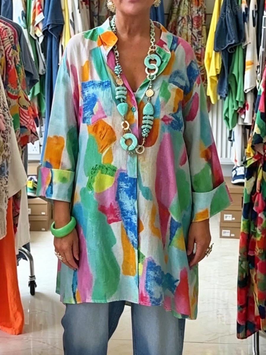 Artistic Watercolor Print V-neck Cotton-linen Shirt