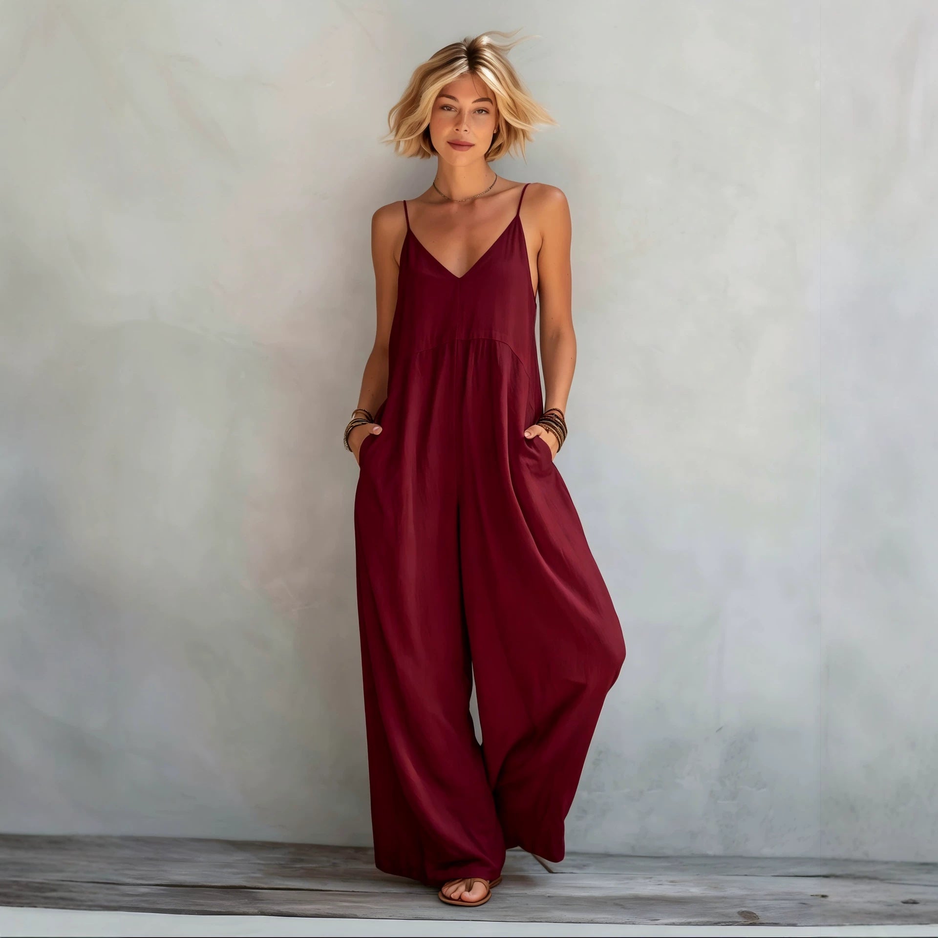 Women's Casual White Cotton-linen Blend Sleeveless Loose Jumpsuit