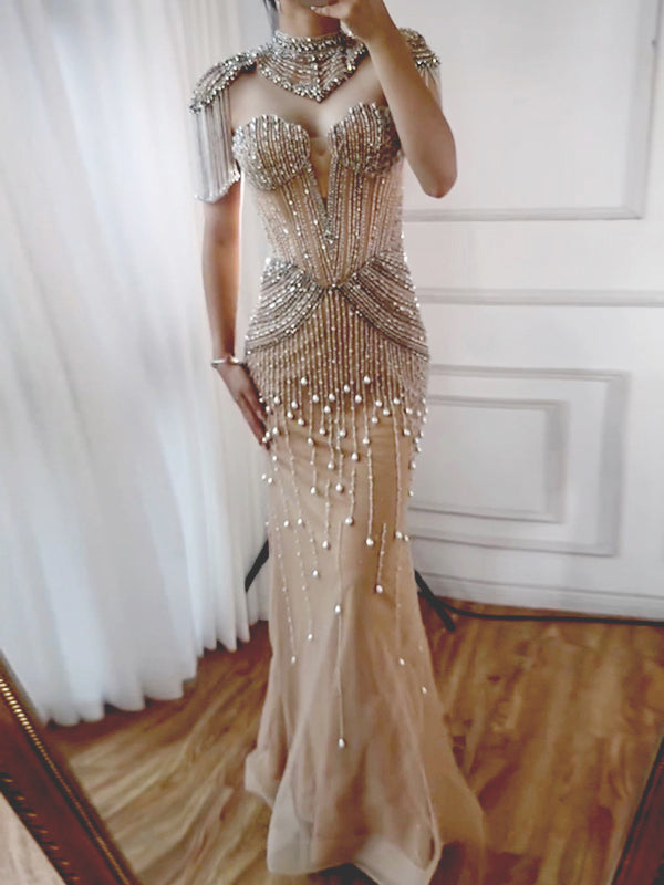 Sequinned Flower Embroidery tasseled Sleeveless Tube Mermaid Maxi Dresses
