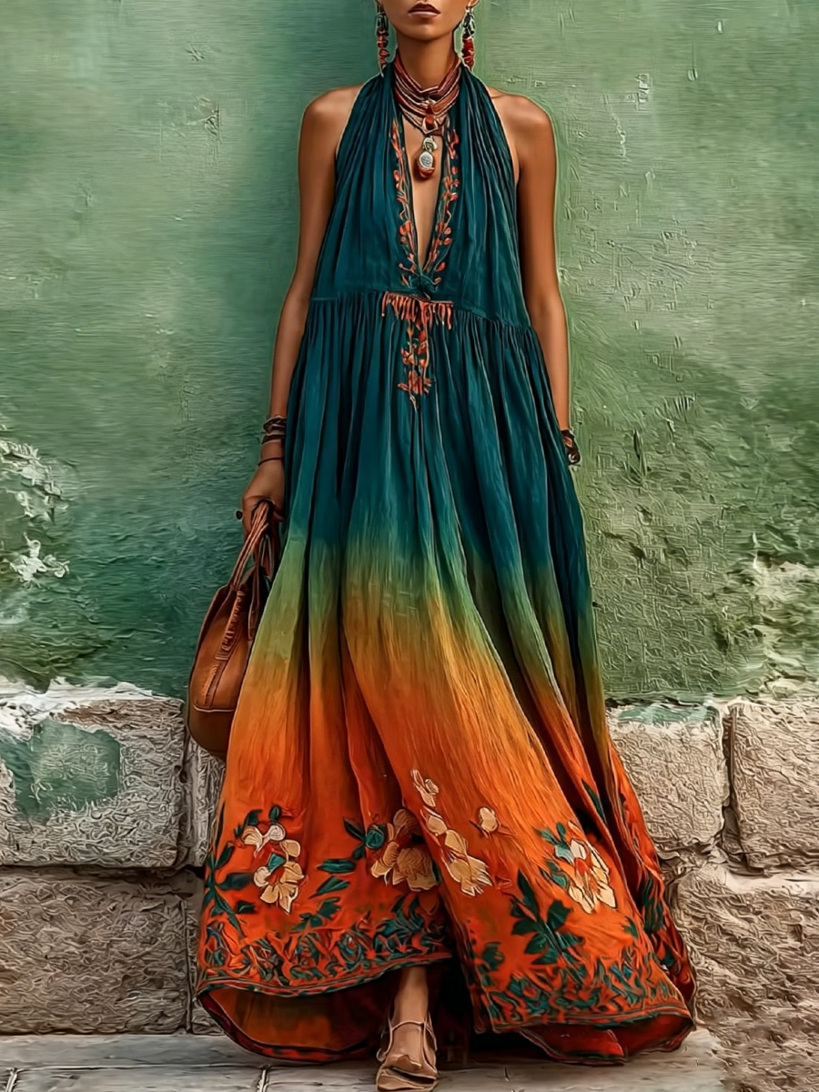Ombre Tie-dye Halter Neck Embroidered Linen-cotton Maxi Dress