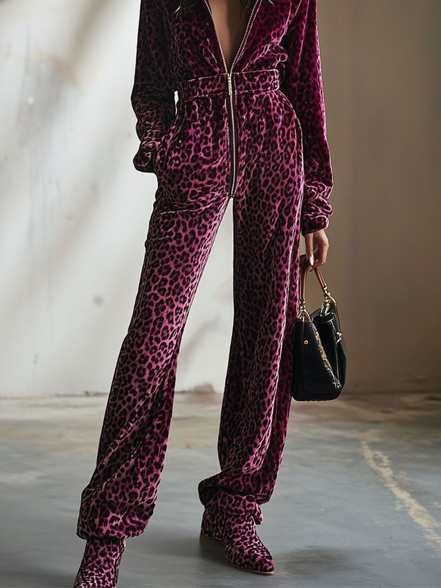 [24-hour shipping out]Casual Retro Purple Velvet Leopard Print Elastic Waist Zipper Hooded Jumpsuit