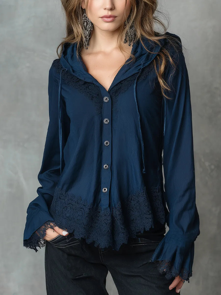 Relaxed Navy Lace Trim Hooded Blouse