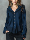 Relaxed Navy Lace Trim Hooded Blouse