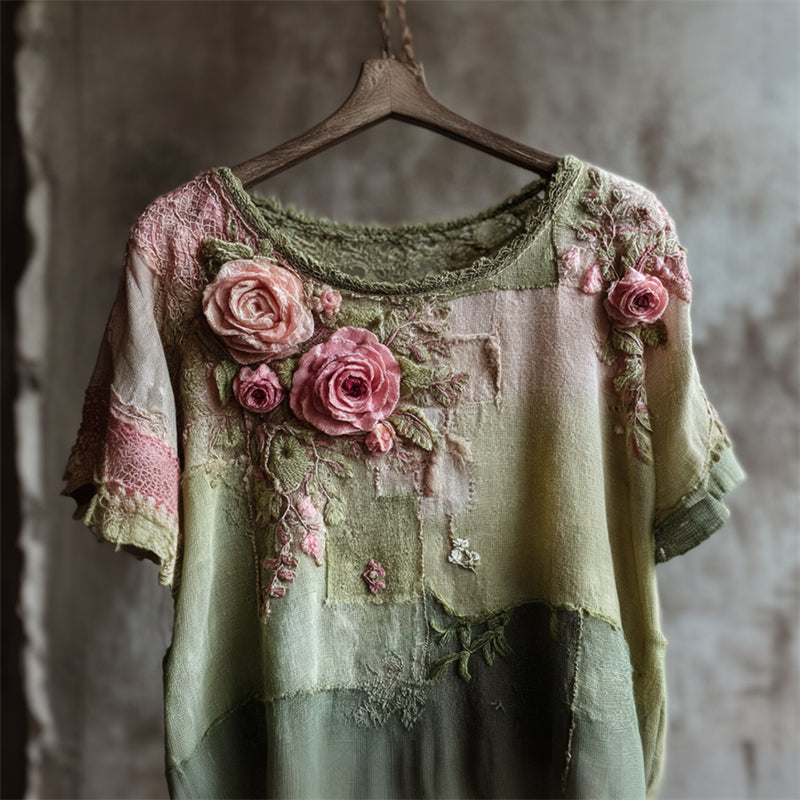 Vintage Pink Roses Cottage Patchwork Linen Tunic