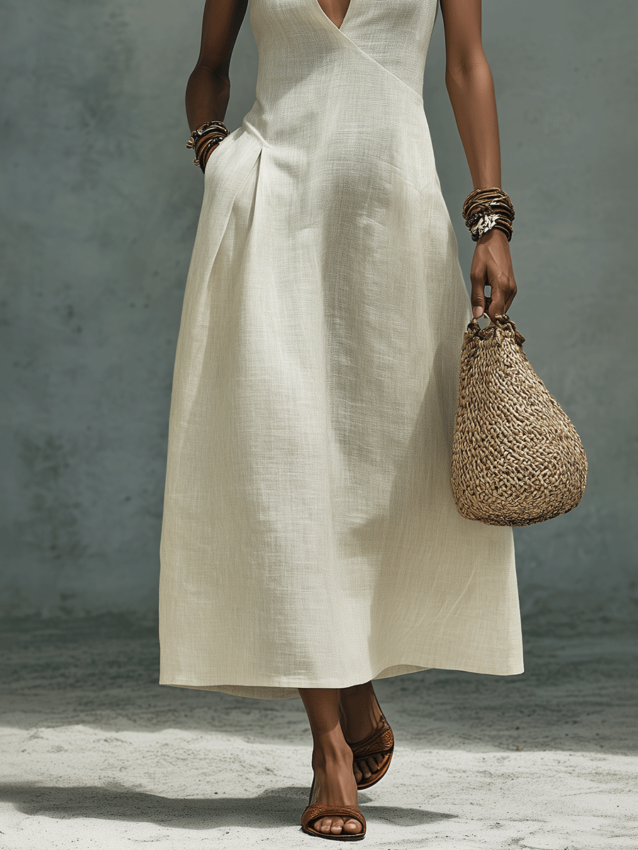 Effortless Chic Bow-Neck Off-White Linen Sleeveless Maxi Dress