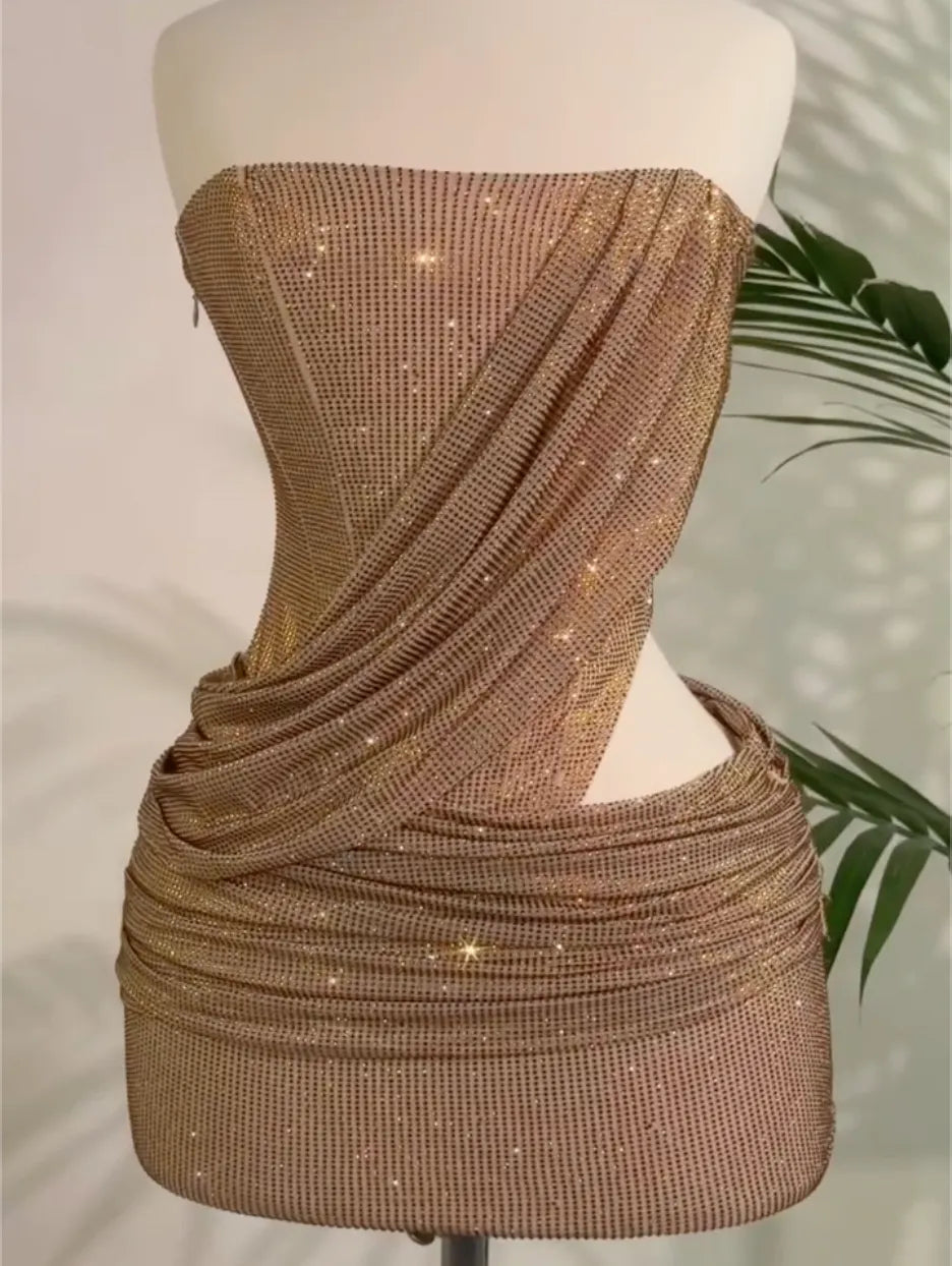 Strapless Draped Rhinestone Mesh Mini Bodycon Dress, Silver & Gold Cutout Waist Club Party Evening Gown