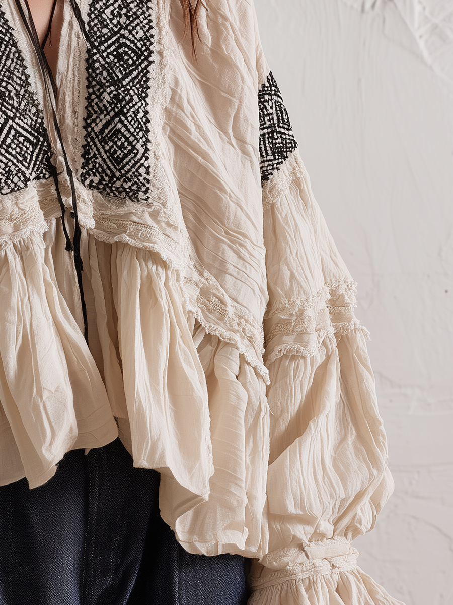 Bohemian Ivory Embroidered Ruffle Blouse
