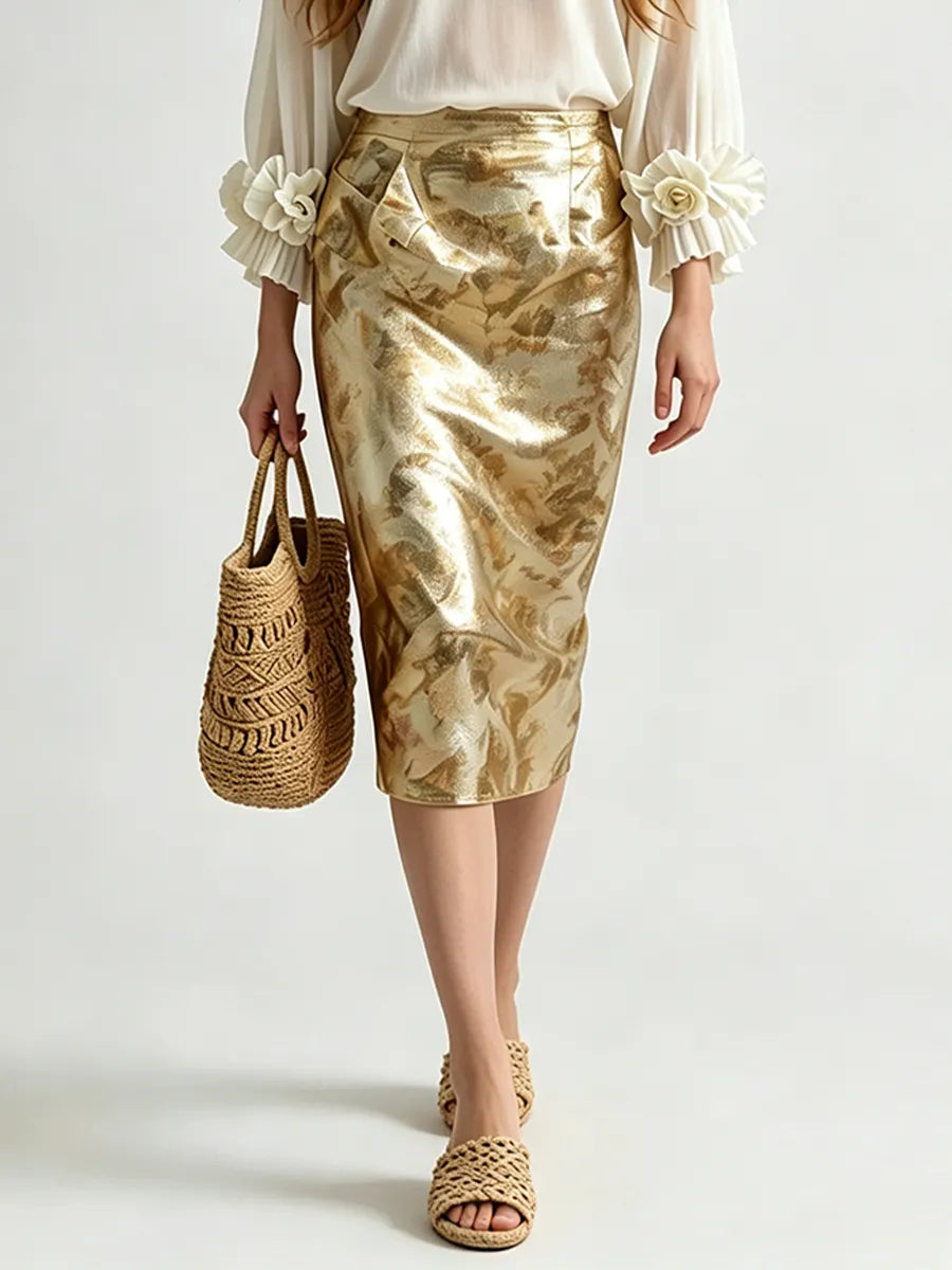 Resort Luxe Floral Appliqué Blouse With Brocade Midi Skirt