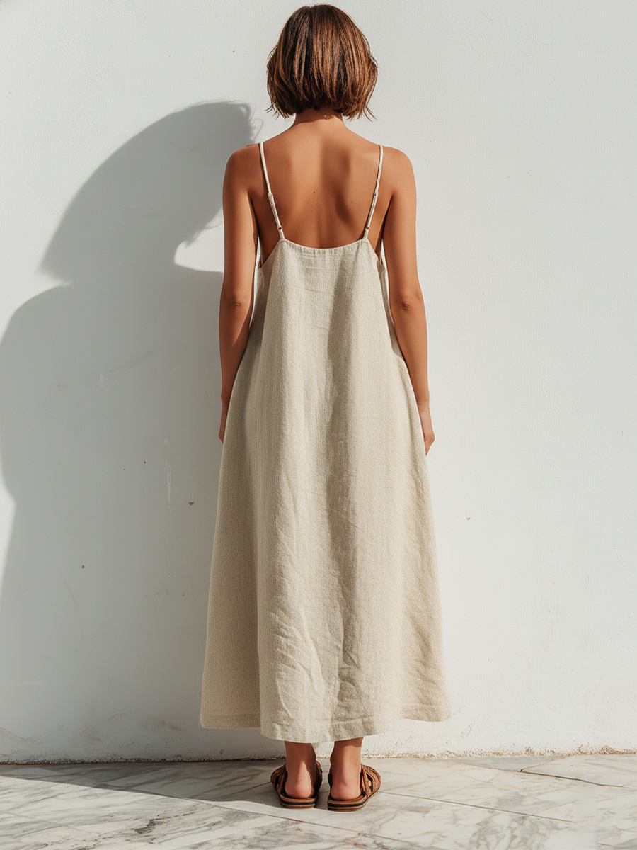 Women's Lightweight Linen Swing Dress With Loose Fit & Asymmetric Hem, Contemporary Effortless-Elegant Style Dress