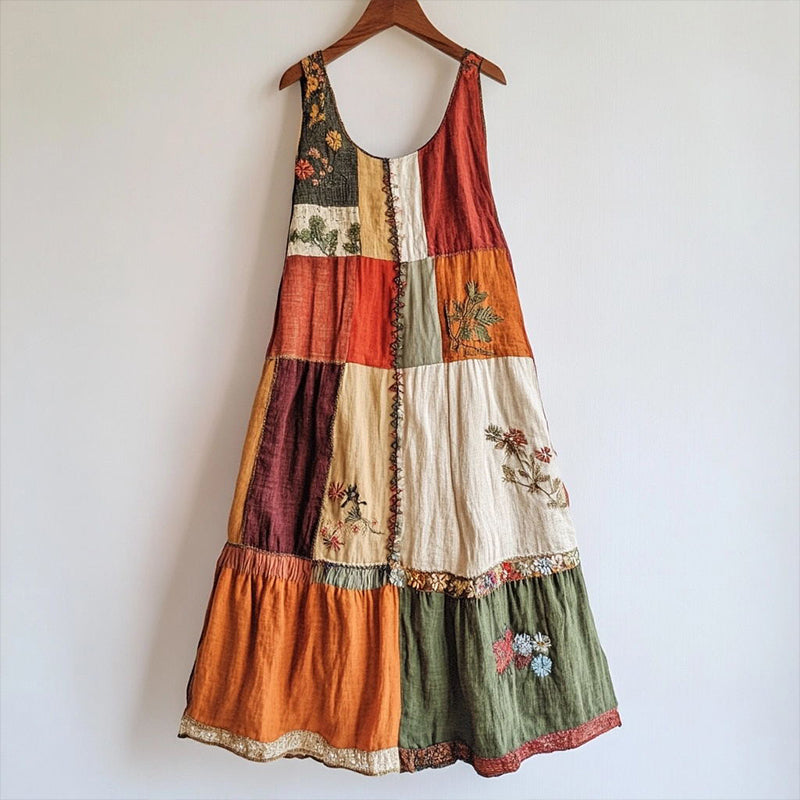 Vintage Floral Embroidered Patchwork Linen Blend Dress a75b