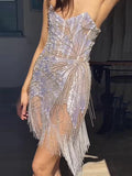 Shiny Sequinned Flower Sleeveless tasseled Wrap Mini Dresses