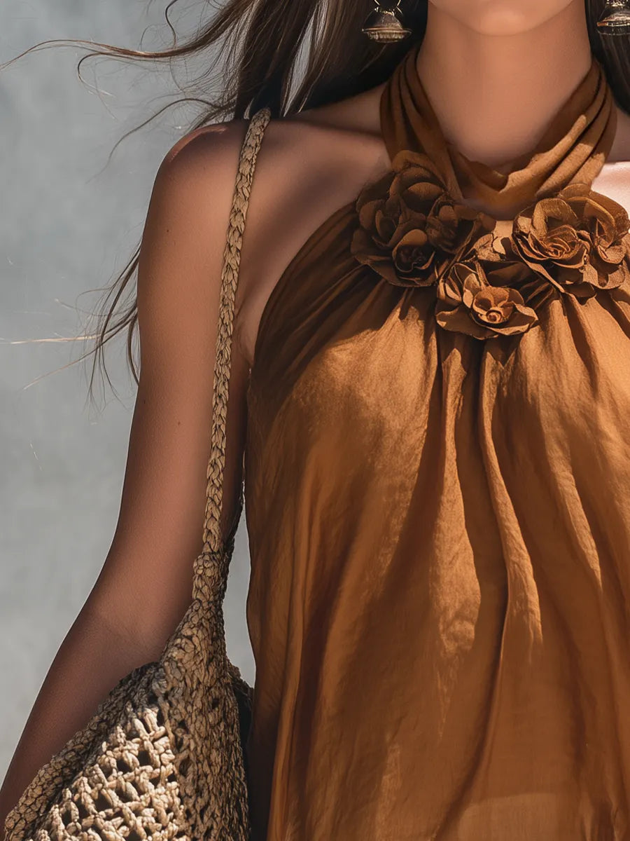 Graceful Caramel Floral Halter Top