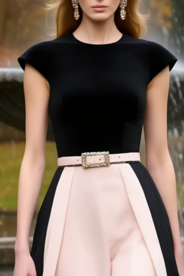 Formal Wedding Guest Jumpsuit Pink Crew Neck Belted with Train