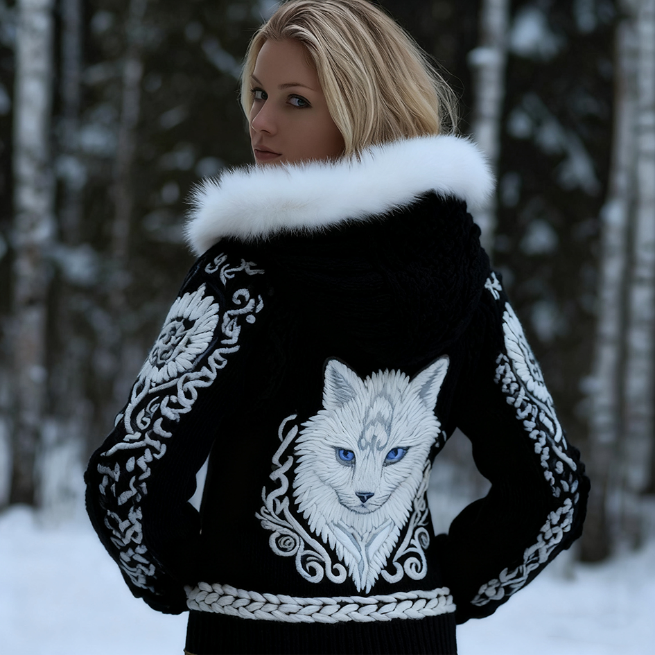 Viking Retro Style Cat Embroidery Pattern Women's Knit Hooded Sweater Jacket