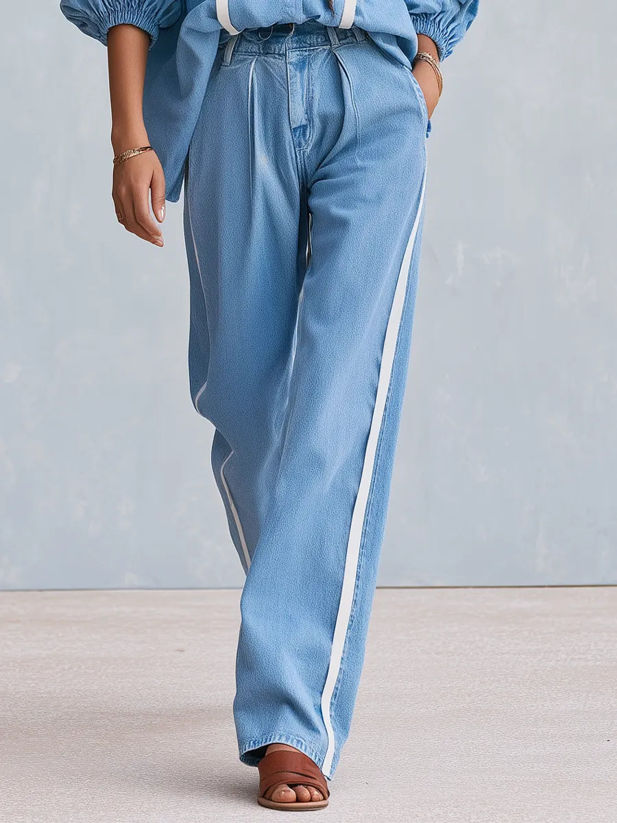 Casual Blue Stripe Button Front Shirt Denim Co-ord Set