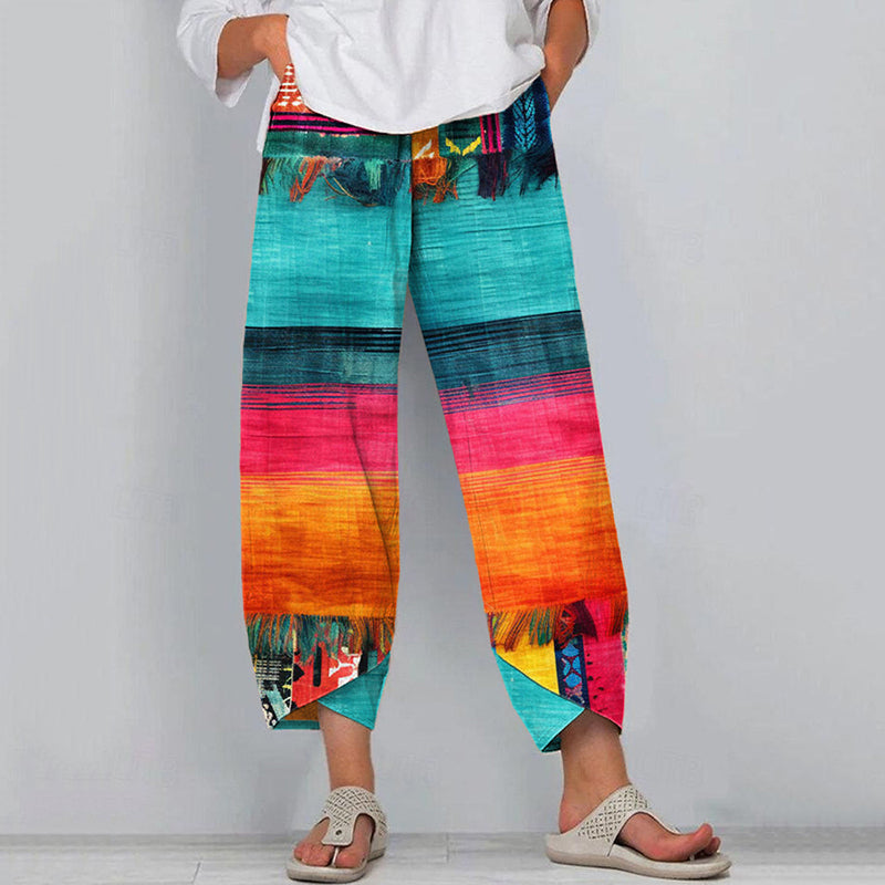 Boho Tassel Contrast Color Linen Blend Pants