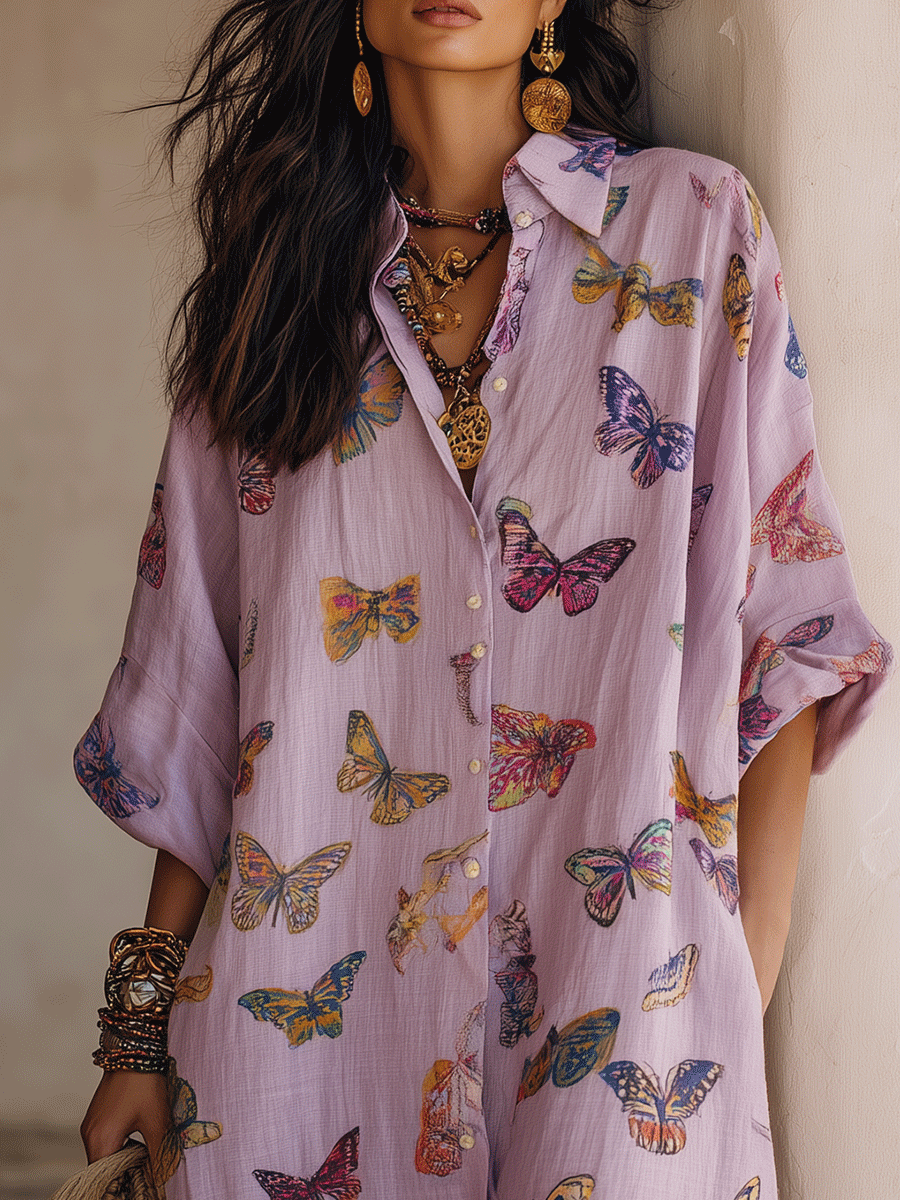 Romantic Boho Soft Fabric Everyday Wear Oversized Shirt Midi Dress