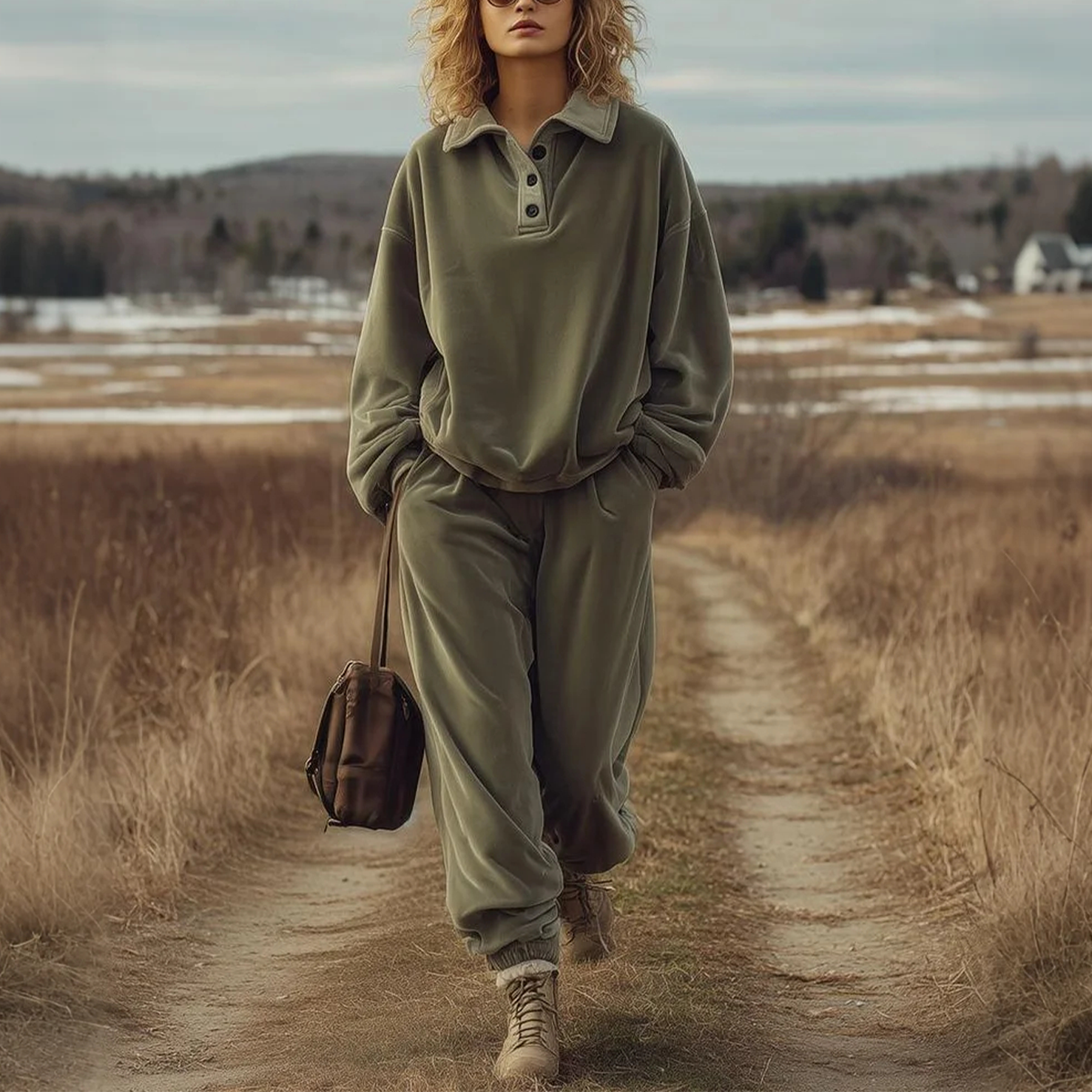 Women's Vintage Autumnal Olive Green Tracksuit Outfit Set