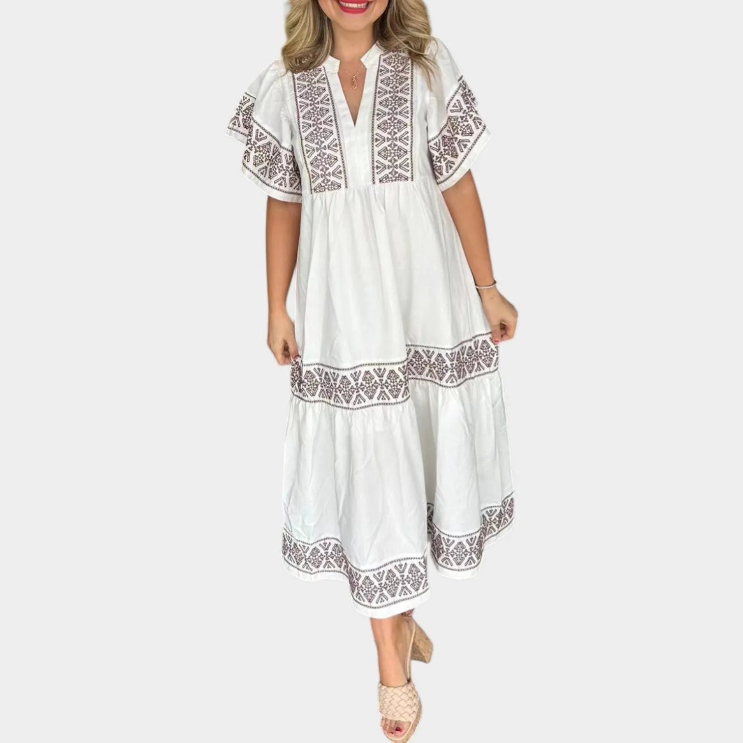 Boho Embroidered Tiered Midi Dress