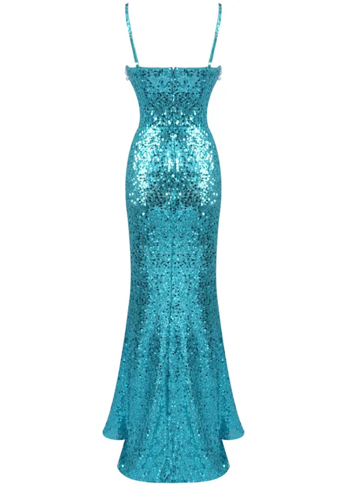 Crystal Sequin Corset Maxi Dress Turquoise