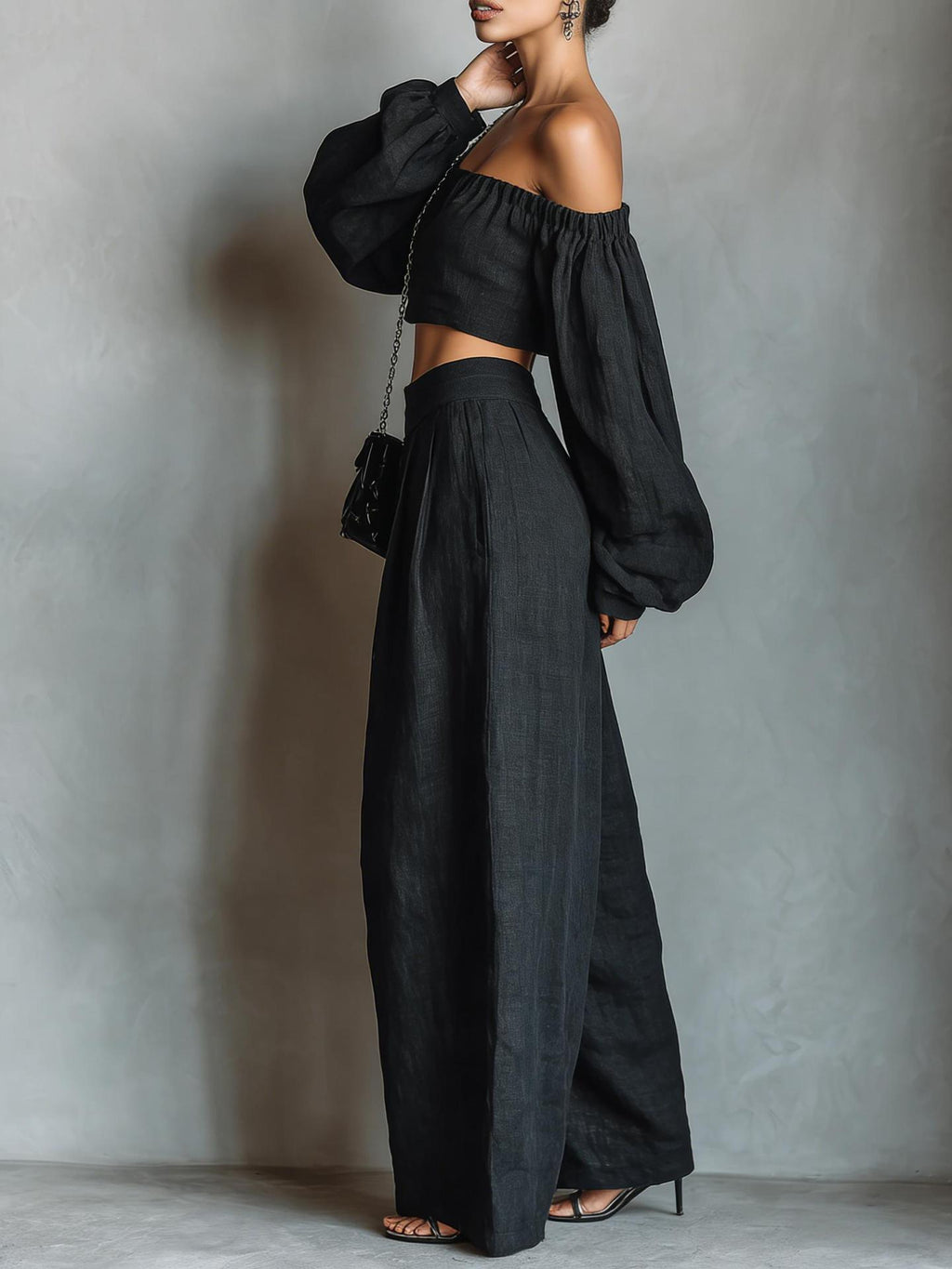 Gurtons Elegant Off-Shoulder Puff Sleeve Two-Piece Set - Flowy Wide Leg Pants Resort Wear