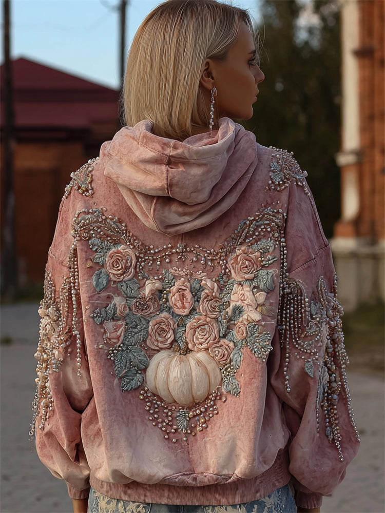 Vintage Thanksgiving Pink Pumpkin Floral Beaded Comfy Hoodie