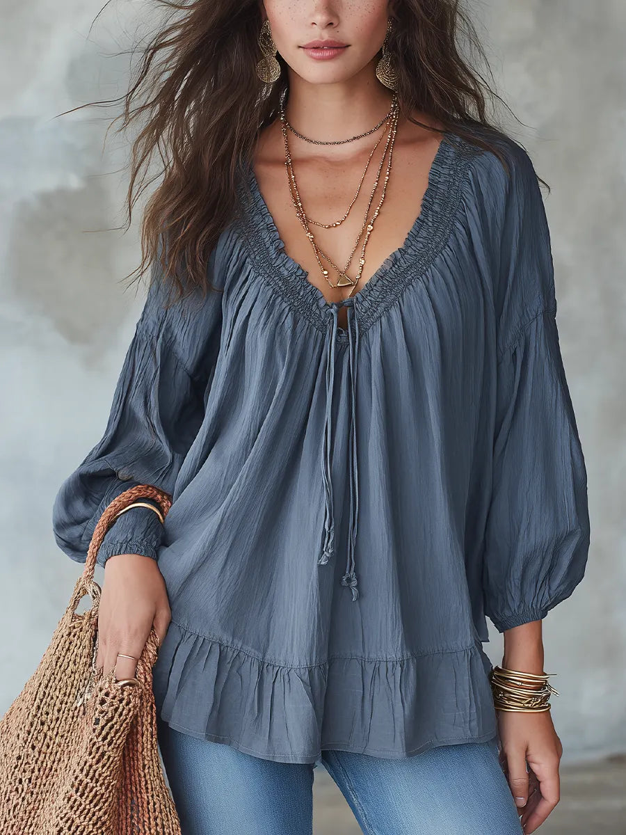 Relaxed Slate Blue Smocked Blouse
