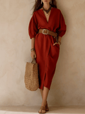 Effortless Chic Cotton-Linen Belted Deep-V Puff-Sleeve Rust Midi Dress