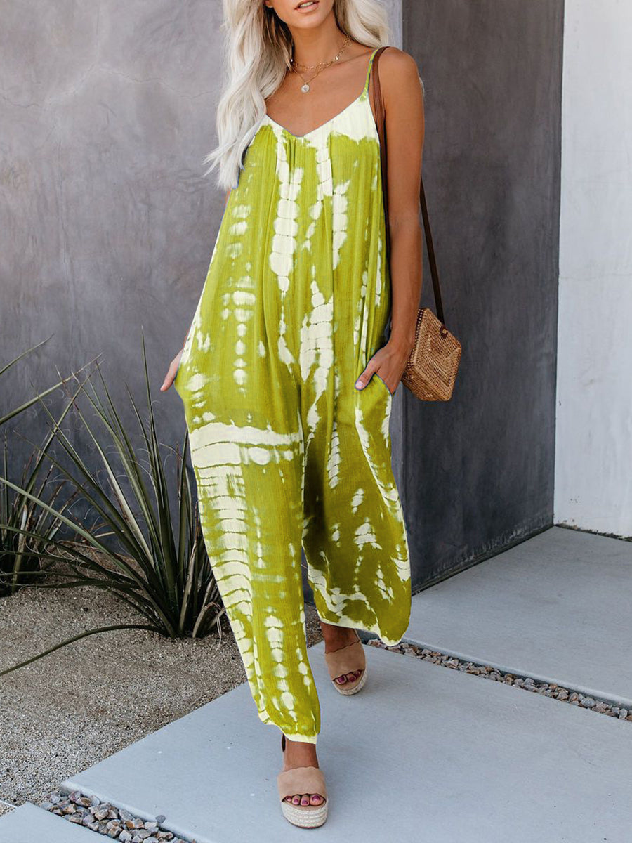 Casual Artistic-print Linen And Cotton Jumpsuit