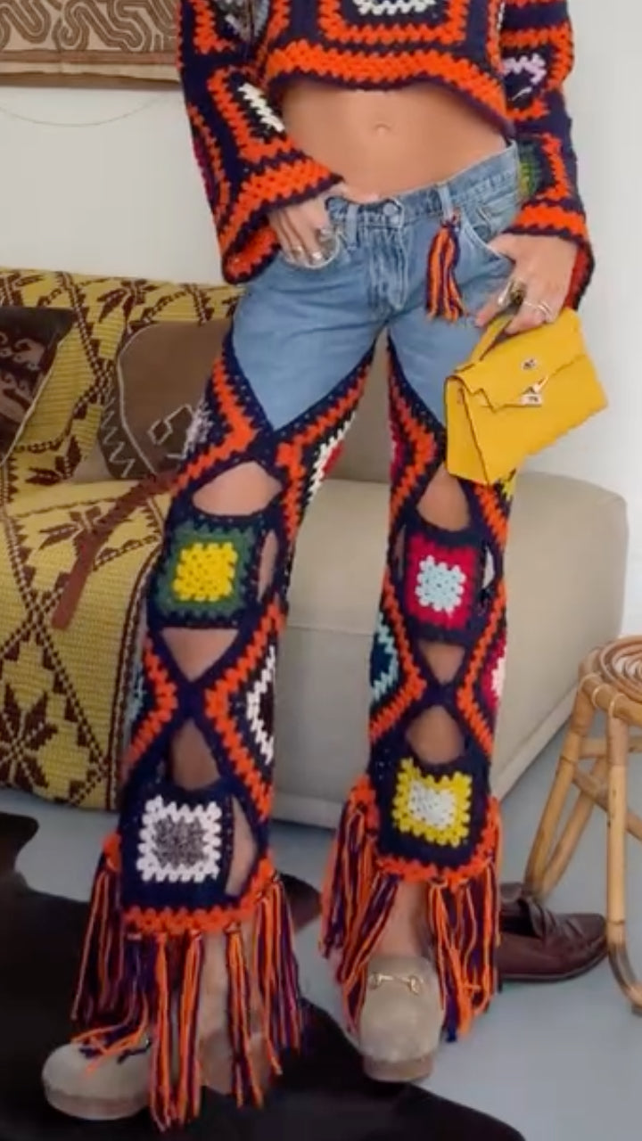 Color Block Grid Crochet Knit & Ripped Denim Pants Set