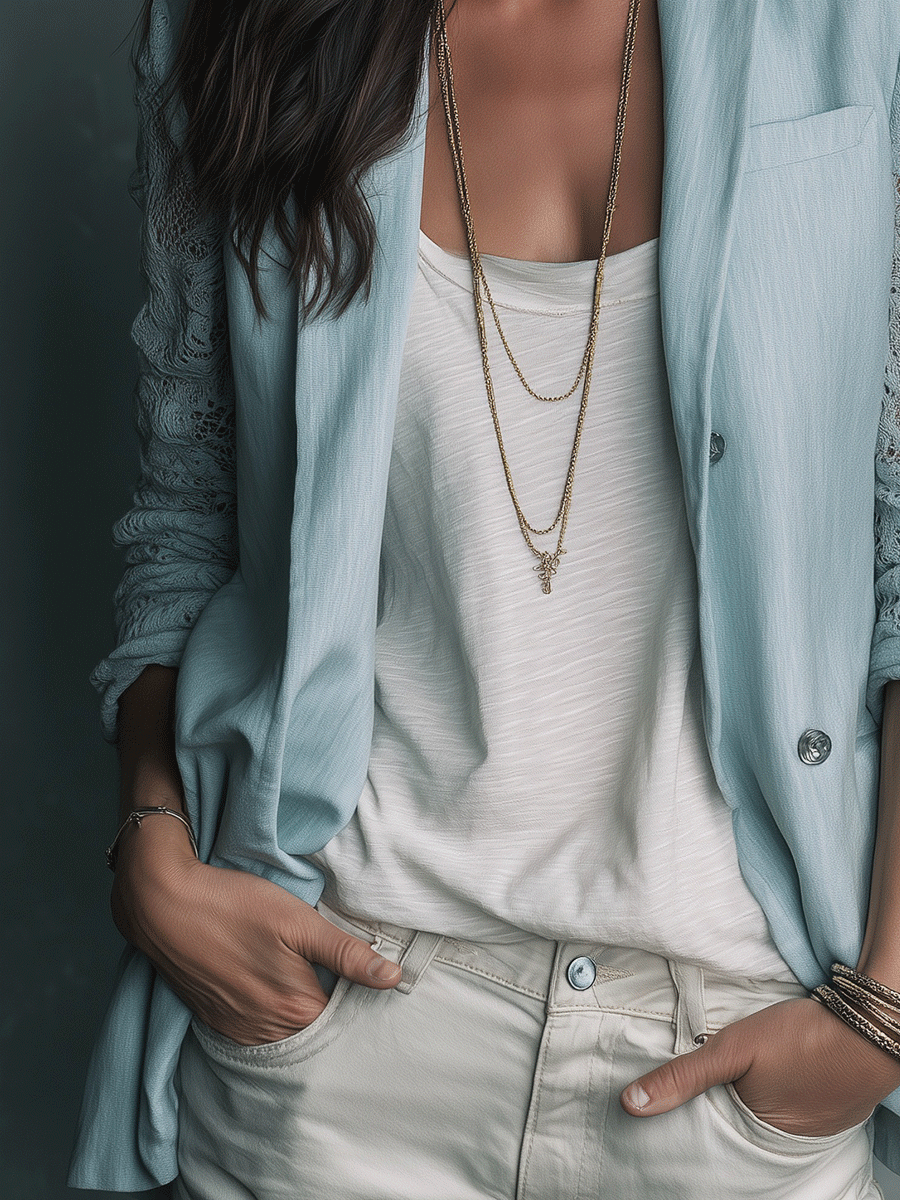Effortless Chic Linen Lace-Sleeve Single-Breasted Sky Blue Blazer