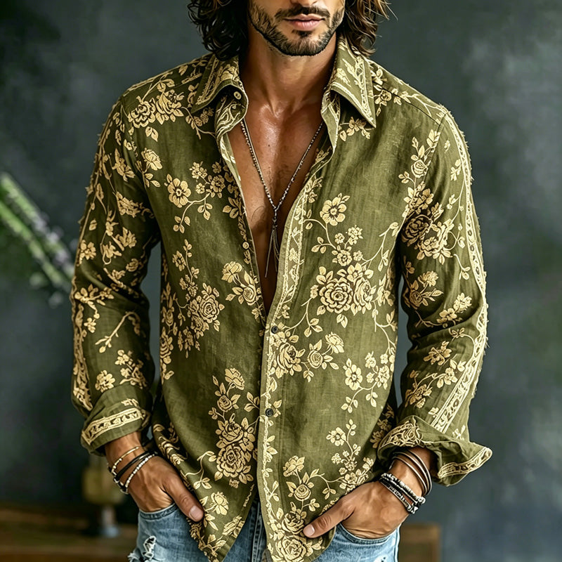 Men's Spring Summer Colorful Floral Embroidered Art Print Flowy Linen Blend Shirt