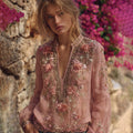 Vintage Boho Pink Roses Embroidered Flowy Linen Shirts