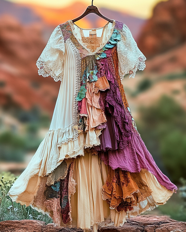 Summer Vintage Floral Lace Patchwork Dress 3493