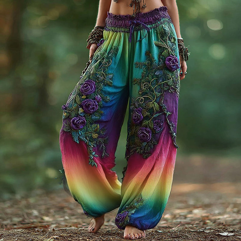 Women's Vintage Rose Floral Pattern Casual Pants