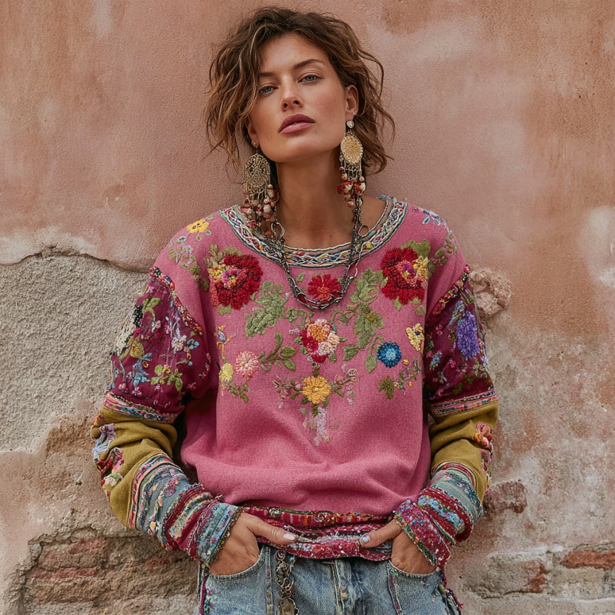 Women's Vintage Bohemian Floral Embroidery Patchwork Art Crew Neck Sweatshirt