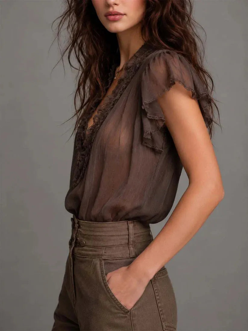 Bohemian Lace-paneled Ruffle-collar Top