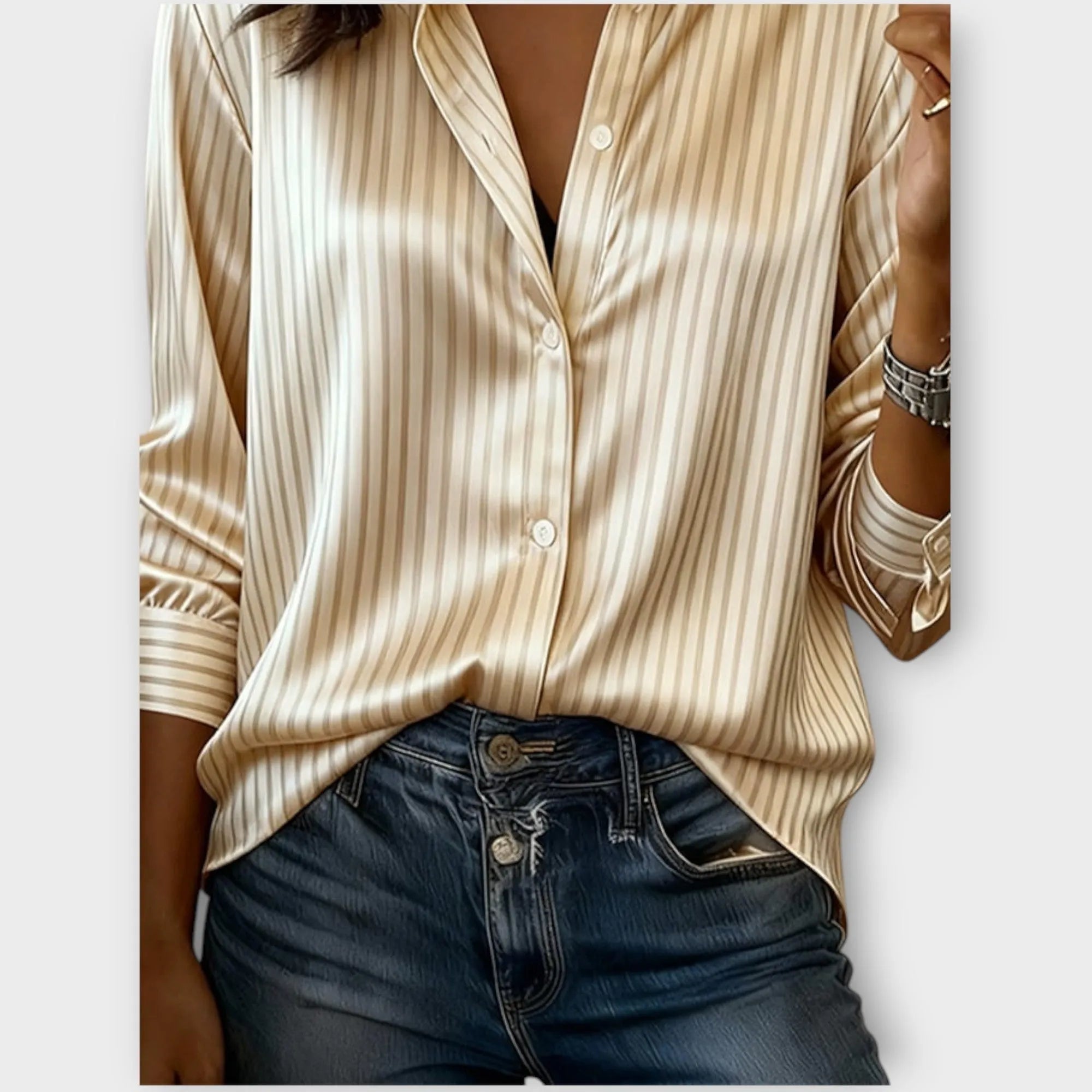 Silk-Look Striped Button-Down Blouse