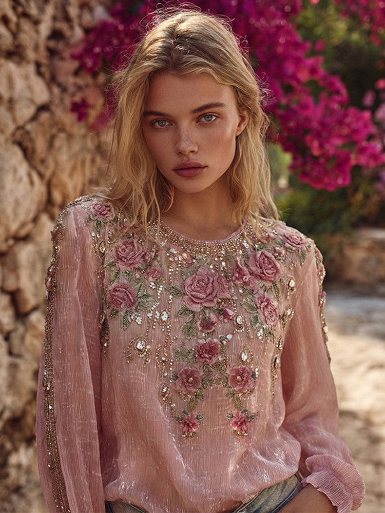 Vintage Boho Pink Roses Embroidered Flowy Linen Crew Neck Tunic