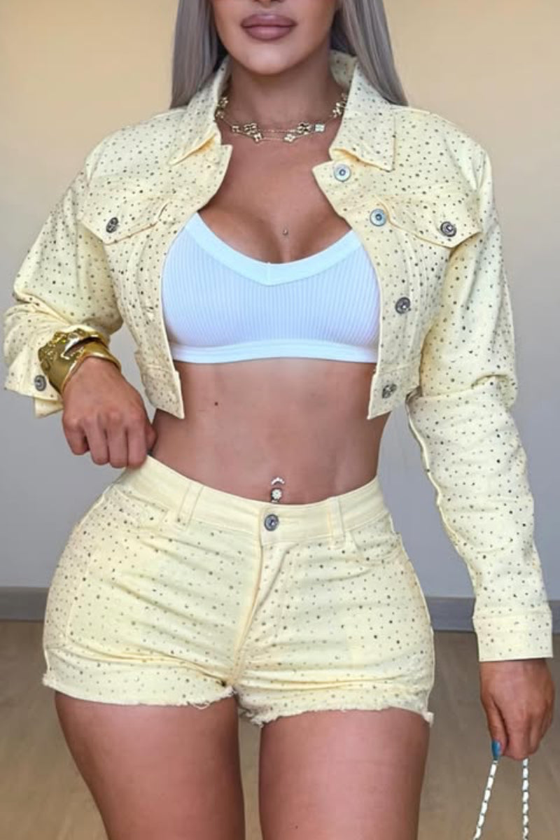 Polka‑Dot Denim Crop Jacket & Shorts Co‑Ord Set