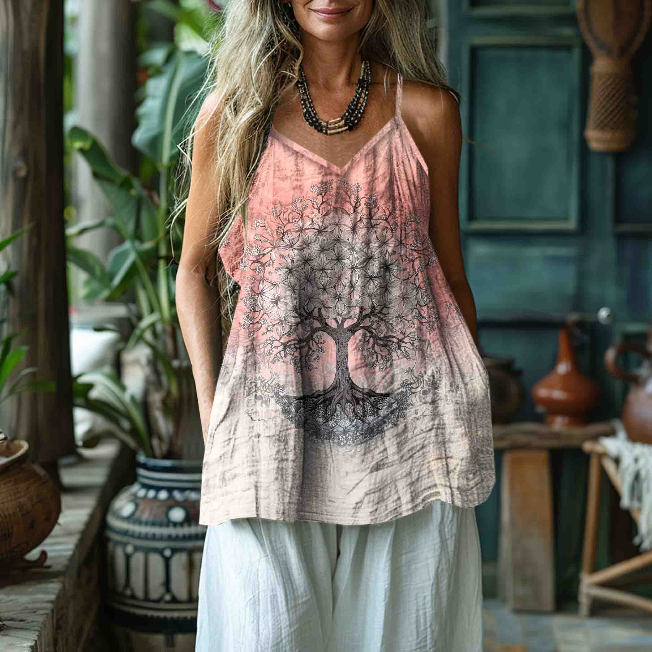 Women's Retro Viking  Tree Of Life Art Gradient Style Linen Art Linen And Cotton Camisole