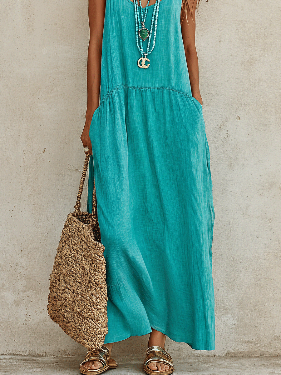 Effortless Resort Cotton-Linen Sleeveless Flowy Teal Cami Maxi Dress
