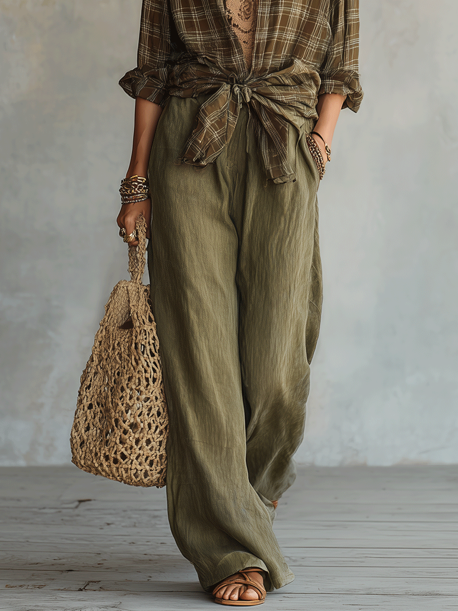 Casual Plaid Shirt And Pure Cotton Trousers Set