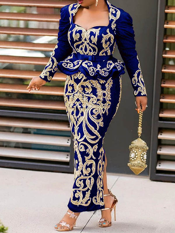 Elegant Bronzing Retro Print Square-Neck Long Sleeve Wrap Maxi Dress