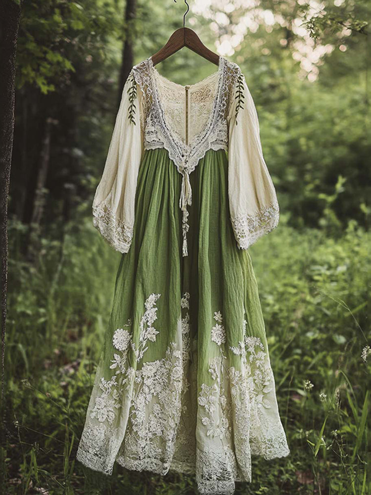 Vintage Floral Embroidered Pattern Linen Contrast Color Maxi Dress