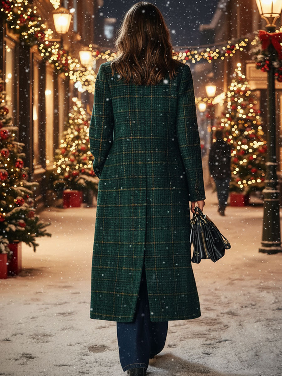 [24-hour shipping out]Casual Loose Retro Pocket Woolen Plaid Mid-Length Coat