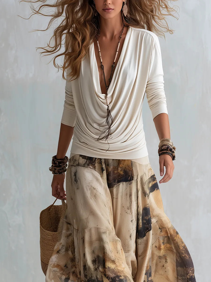 Bohemian Pleated Top And Skirt Set